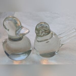 DUCK AND BIRD CLEAR GLASS PAPER WEIGHTS ABOUT  4.5" TALL NICE CONDITION SET OF 2